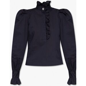 Navy blue Puff Sleeve Mandarin Collar Blouse